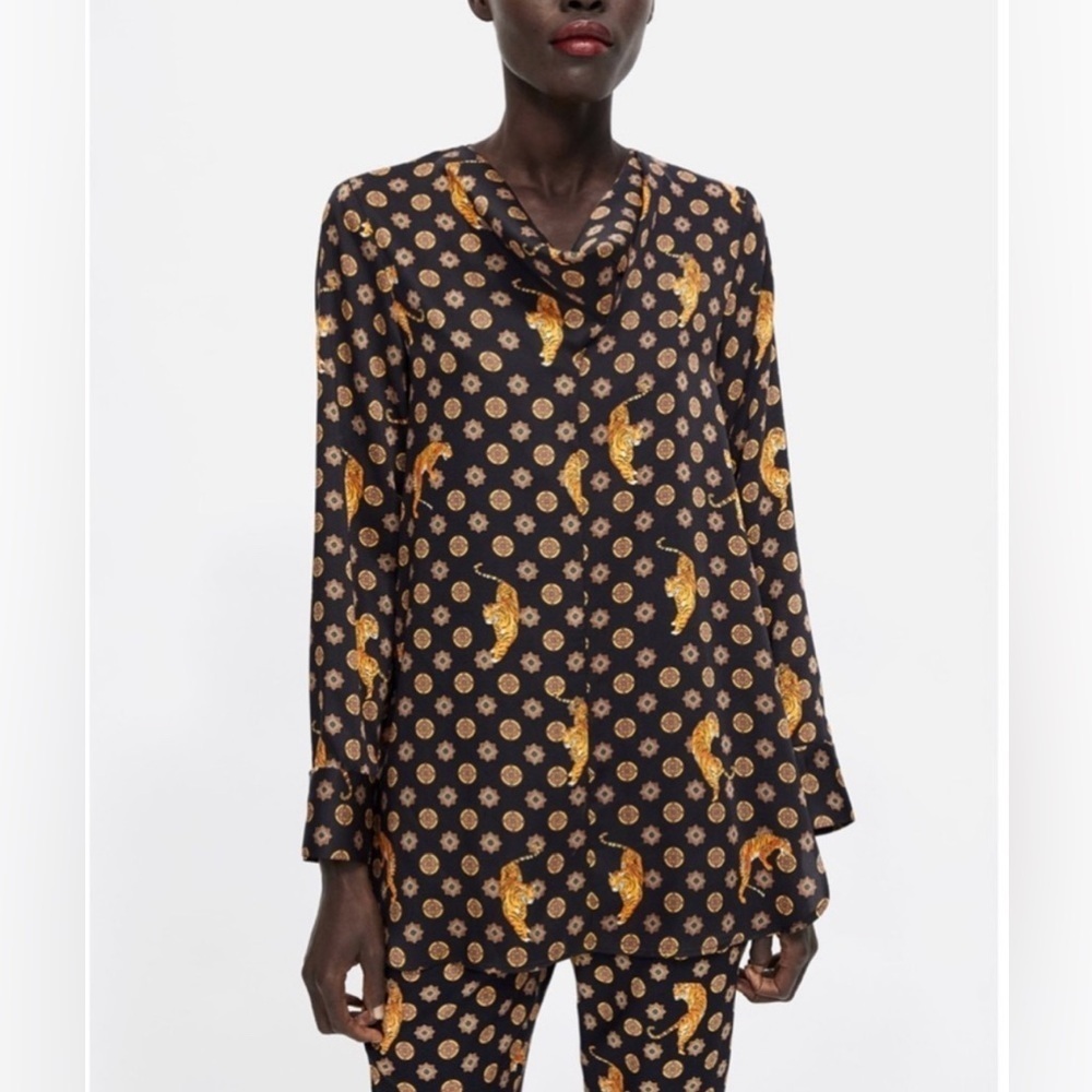 Zara Tiger Print Satin Cowl Neck Blouse Top Size S Black and Gold Pattern